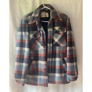 Vintage‎ Montgomery Ward Blue Wool Blend Plaid Fleece Lined Jacket Heavy Shirt